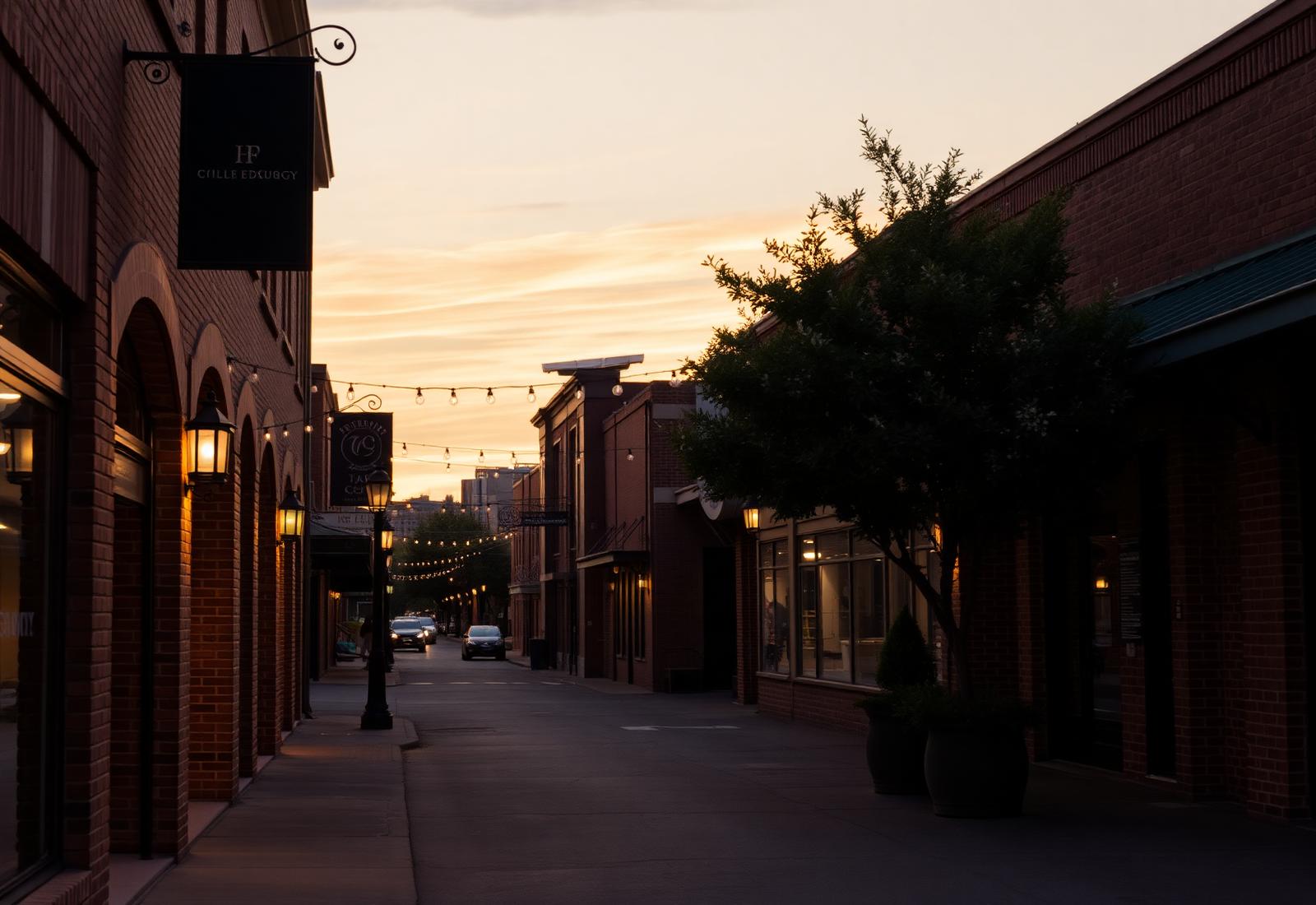 Historic downtown Garland, Texas at dusk